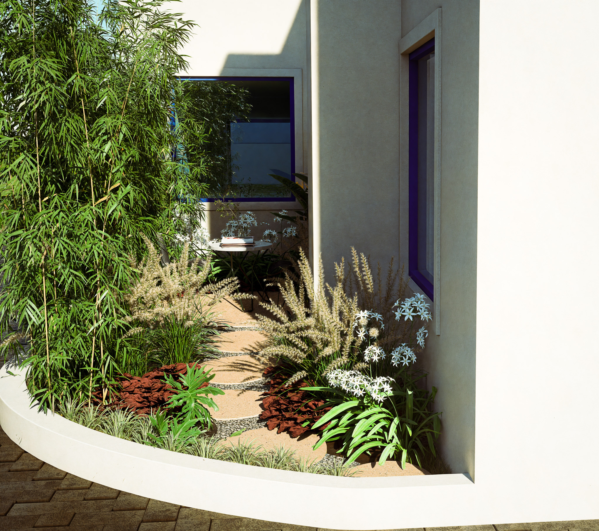 landscape render of Villa Moira, a garden courtyard and pergola